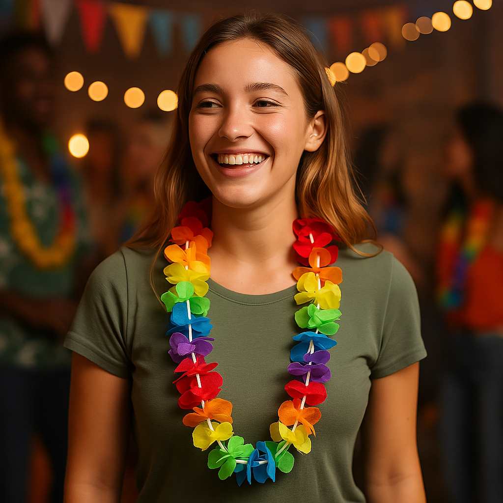 Woman wearing a multicolor Hawaiian flower lei necklace with red, yellow, green, blue, and purple petals.