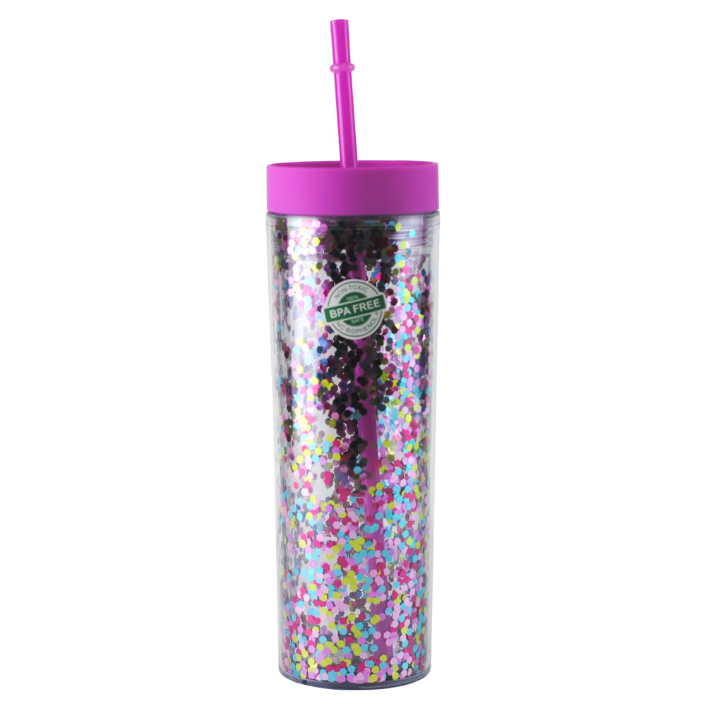 Vaso Acrílico Doble Pared con Glitter 400ml Reutilizable con Popote y Aislamiento Térmico (Frío/Calor), Personalizable