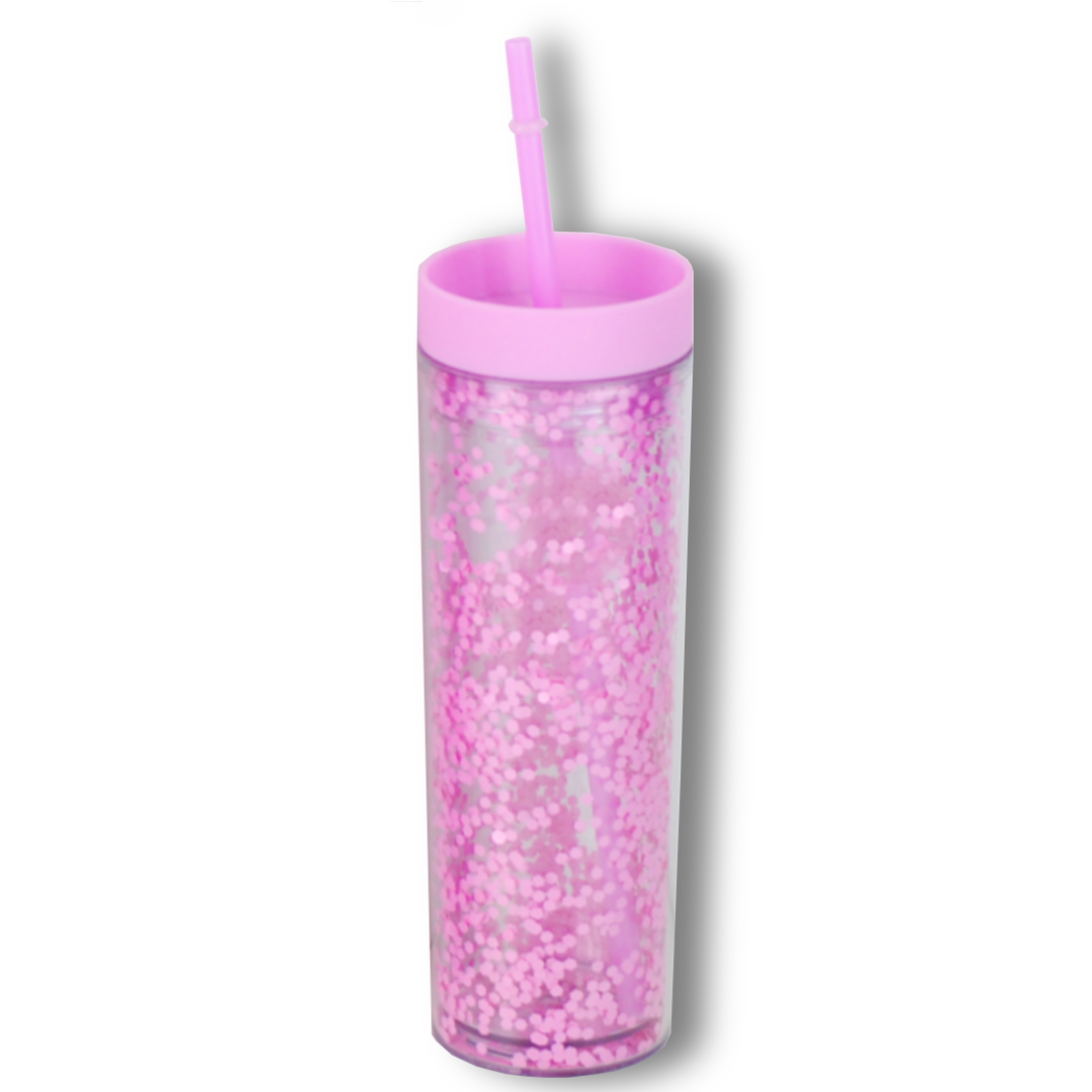 Vaso Acrílico Doble Pared con Glitter 400ml Reutilizable con Popote y Aislamiento Térmico (Frío/Calor), Personalizable