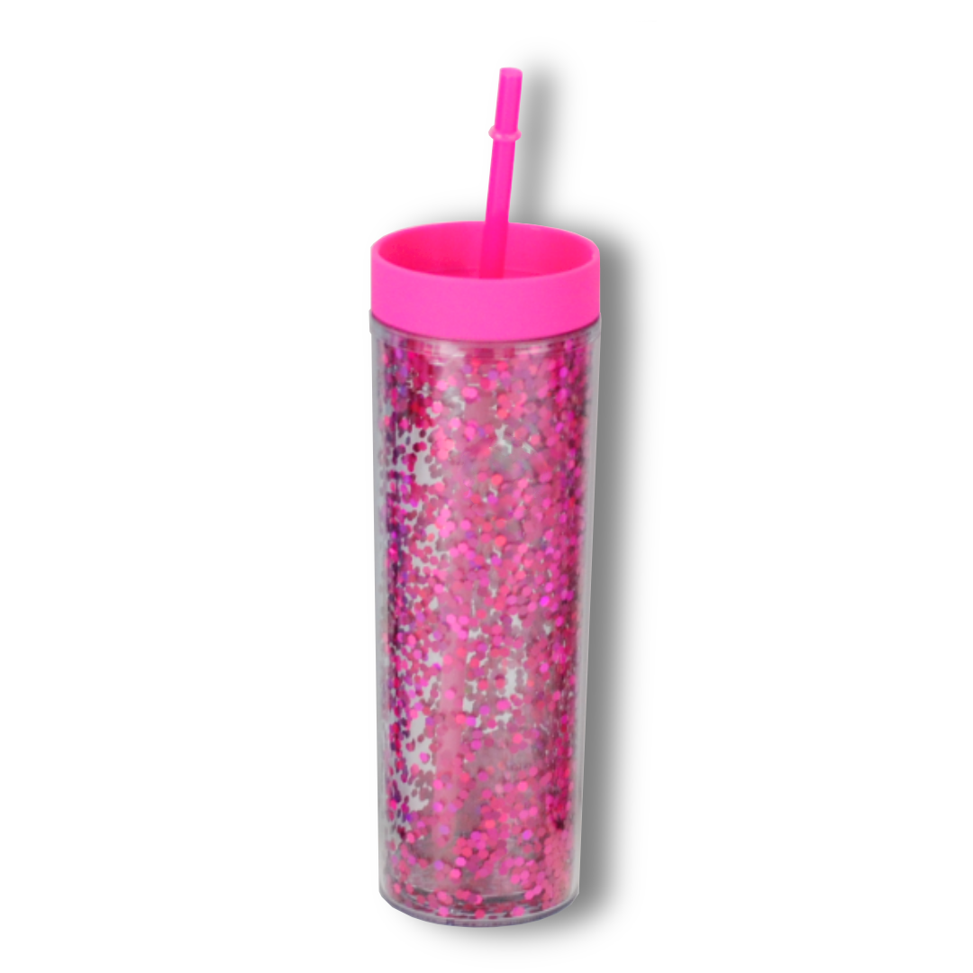 Vaso Acrílico Doble Pared con Glitter 400ml Reutilizable con Popote y Aislamiento Térmico (Frío/Calor), Personalizable