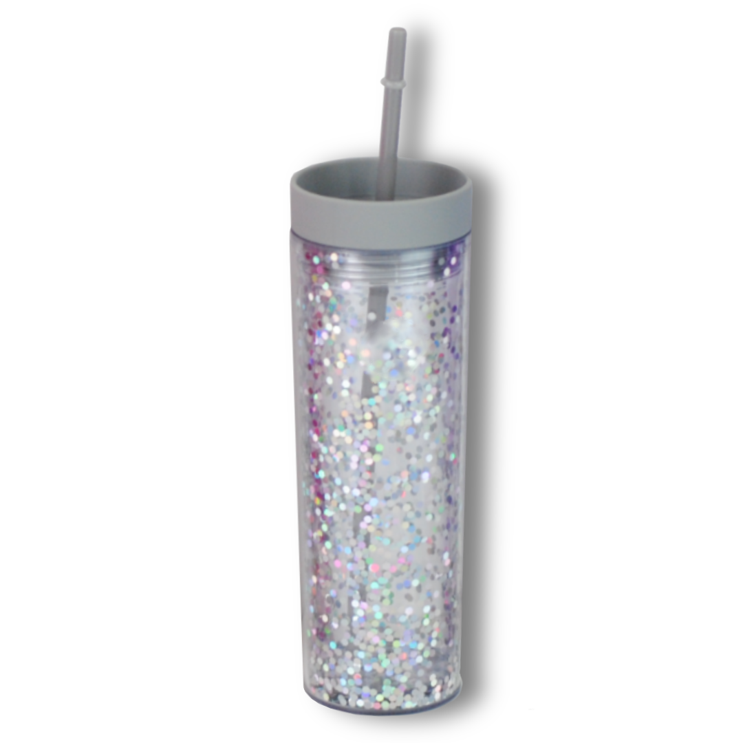 Vaso Acrílico Doble Pared con Glitter 400ml Reutilizable con Popote y Aislamiento Térmico (Frío/Calor), Personalizable