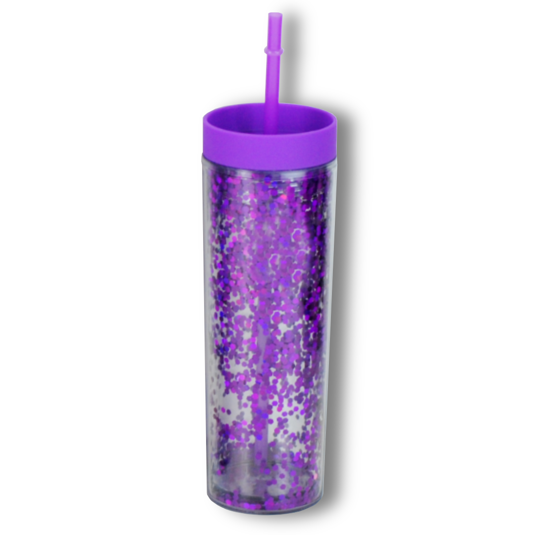 Vaso Acrílico Doble Pared con Glitter 400ml Reutilizable con Popote y Aislamiento Térmico (Frío/Calor), Personalizable