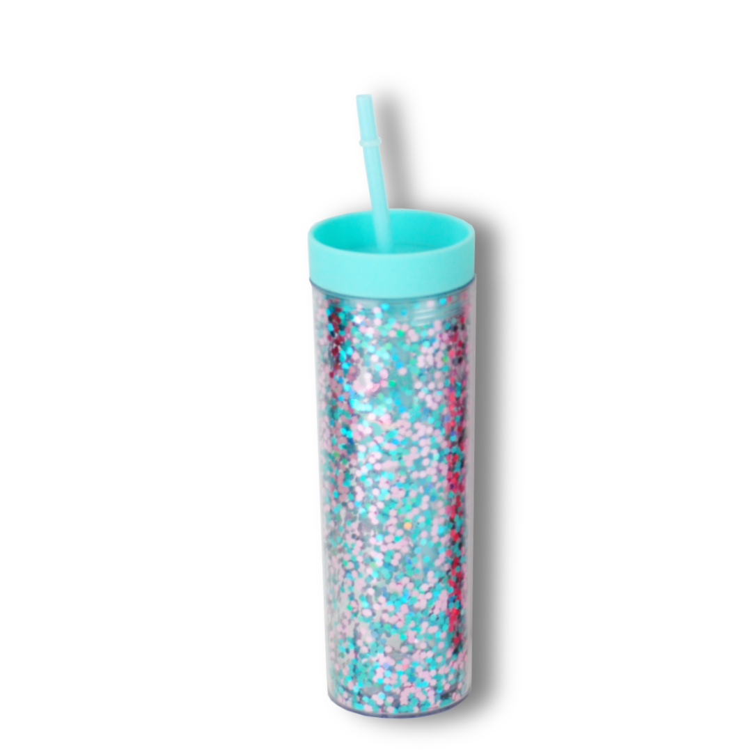 Vaso Acrílico Doble Pared con Glitter 400ml Reutilizable con Popote y Aislamiento Térmico (Frío/Calor), Personalizable