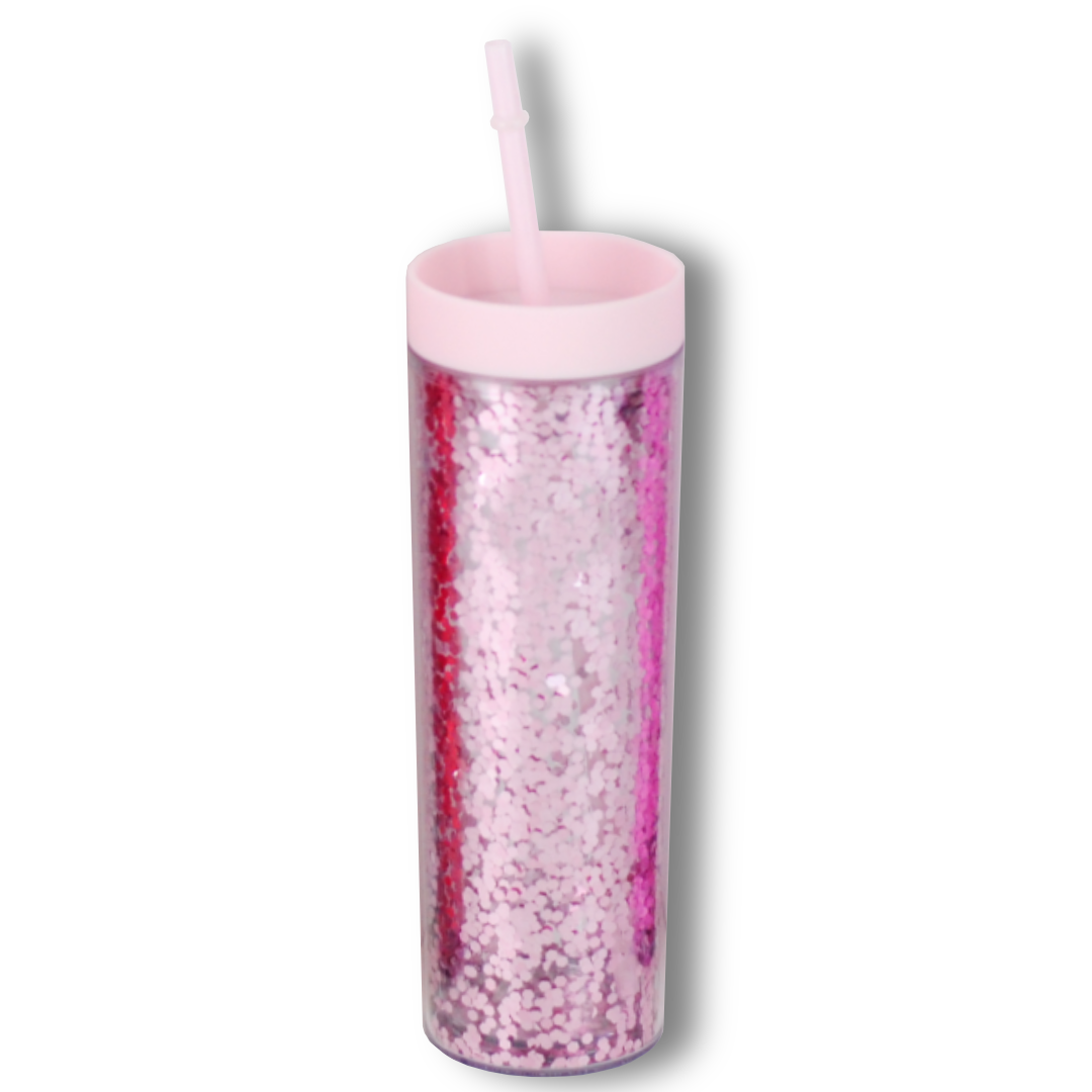 Vaso Acrílico Doble Pared con Glitter 400ml Reutilizable con Popote y Aislamiento Térmico (Frío/Calor), Personalizable