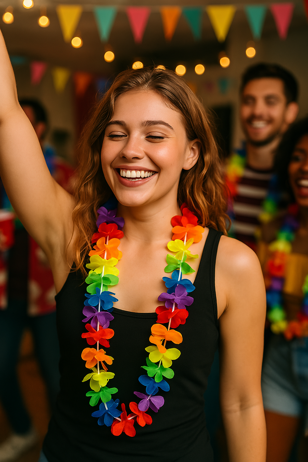 Multicolor Hawaiian flower lei necklace worn by smiling woman at party.