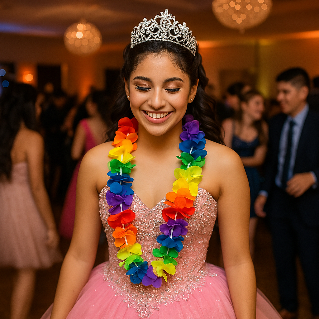 Multicolor Hawaiian flower lei with red, orange, yellow, green, blue, and purple petals worn by smiling girl in pink dress.