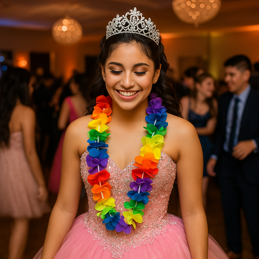 Multicolor Hawaiian flower lei with red, orange, yellow, green, blue, and purple petals worn by smiling girl in pink dress.