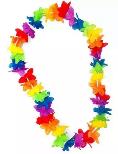 Multicolor Hawaiian lei necklace with red, orange, yellow, green, blue, and purple flowers.