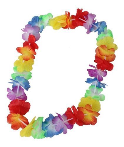 Multicolor Hawaiian flower lei with vibrant red, yellow, green, blue, and purple petals.