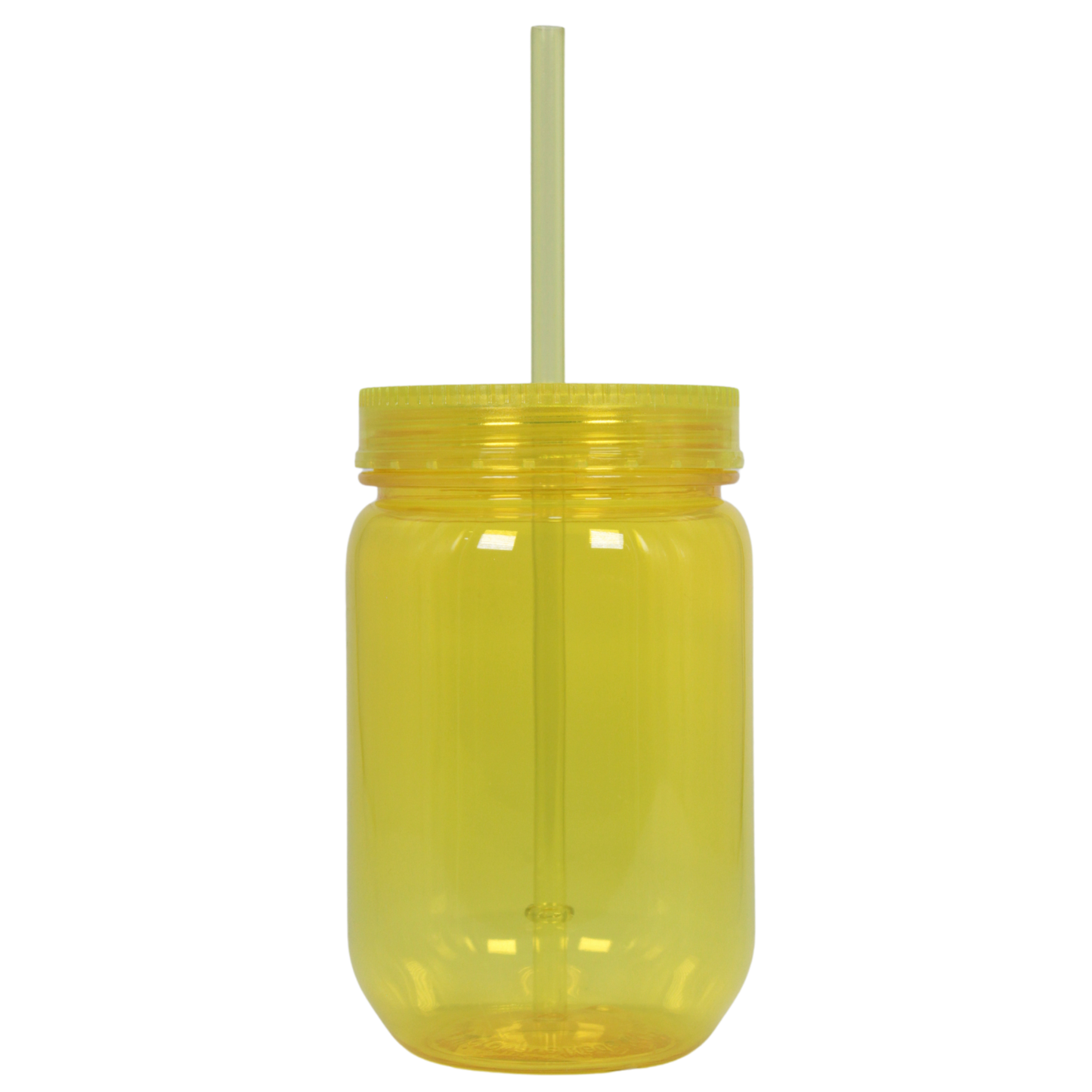 Yellow translucent acrylic mason jar with matching lid and straw for cold drinks.