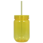 Yellow translucent acrylic mason jar with matching lid and straw for cold drinks.