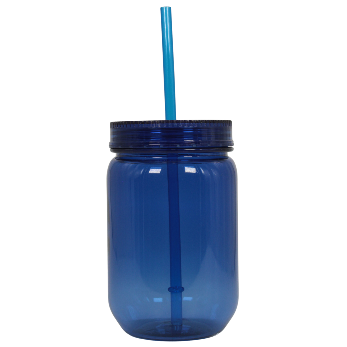 Translucent royal blue acrylic mason jar with matching lid and straw, 20oz capacity.