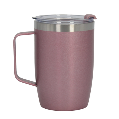 Mauve stainless steel thermal mug with handle and clear plastic lid, matte finish.