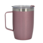 Mauve stainless steel thermal mug with handle and clear plastic lid, matte finish.
