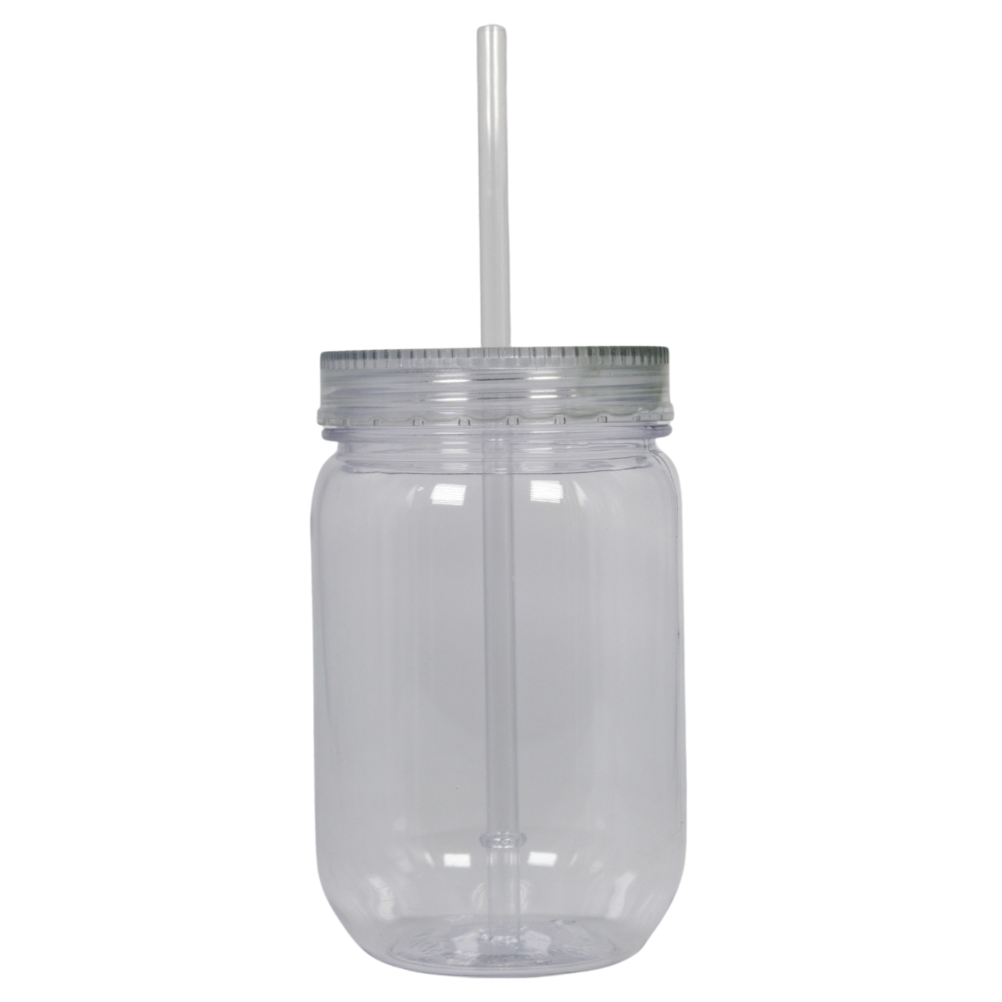 Clear 20oz acrylic mason cup with matching lid and straw for cold drinks.