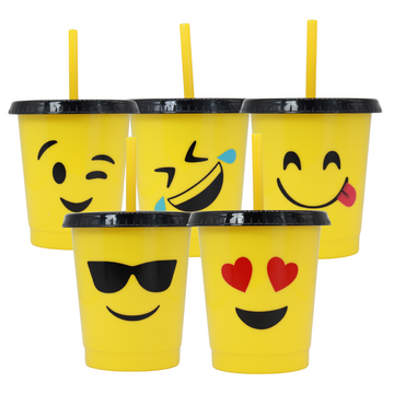 Vaso Fiesta Emoji 16oz con Tapa Negra y Popote Ideal para Fiestas y Expresión