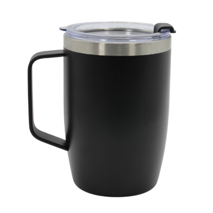 Matte black stainless steel thermal mug with handle and clear lid, sleek cylindrical design.