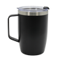 Matte black stainless steel thermal mug with handle and clear lid, sleek cylindrical design.