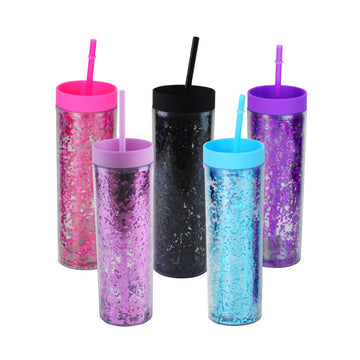 Vaso Acrílico Doble Pared con Glitter 400ml Reutilizable con Popote y Aislamiento Térmico (Frío/Calor), Personalizable