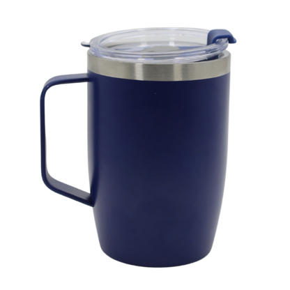 Navy blue stainless steel thermal mug with handle and clear lid, matte finish.