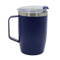 Navy blue stainless steel thermal mug with handle and clear lid, matte finish.