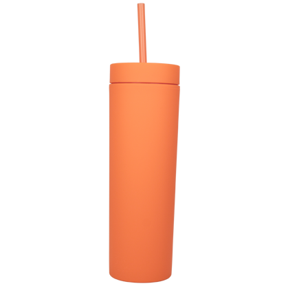 Tall orange thermal acrylic tumbler with matching lid and straw, reusable and BPA free.