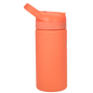 Coral-colored reusable acrylic thermal bottle with ergonomic spout and textured grip ring.