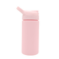 Light pink reusable acrylic thermal bottle with angled drinking spout and ridged screw-on lid.