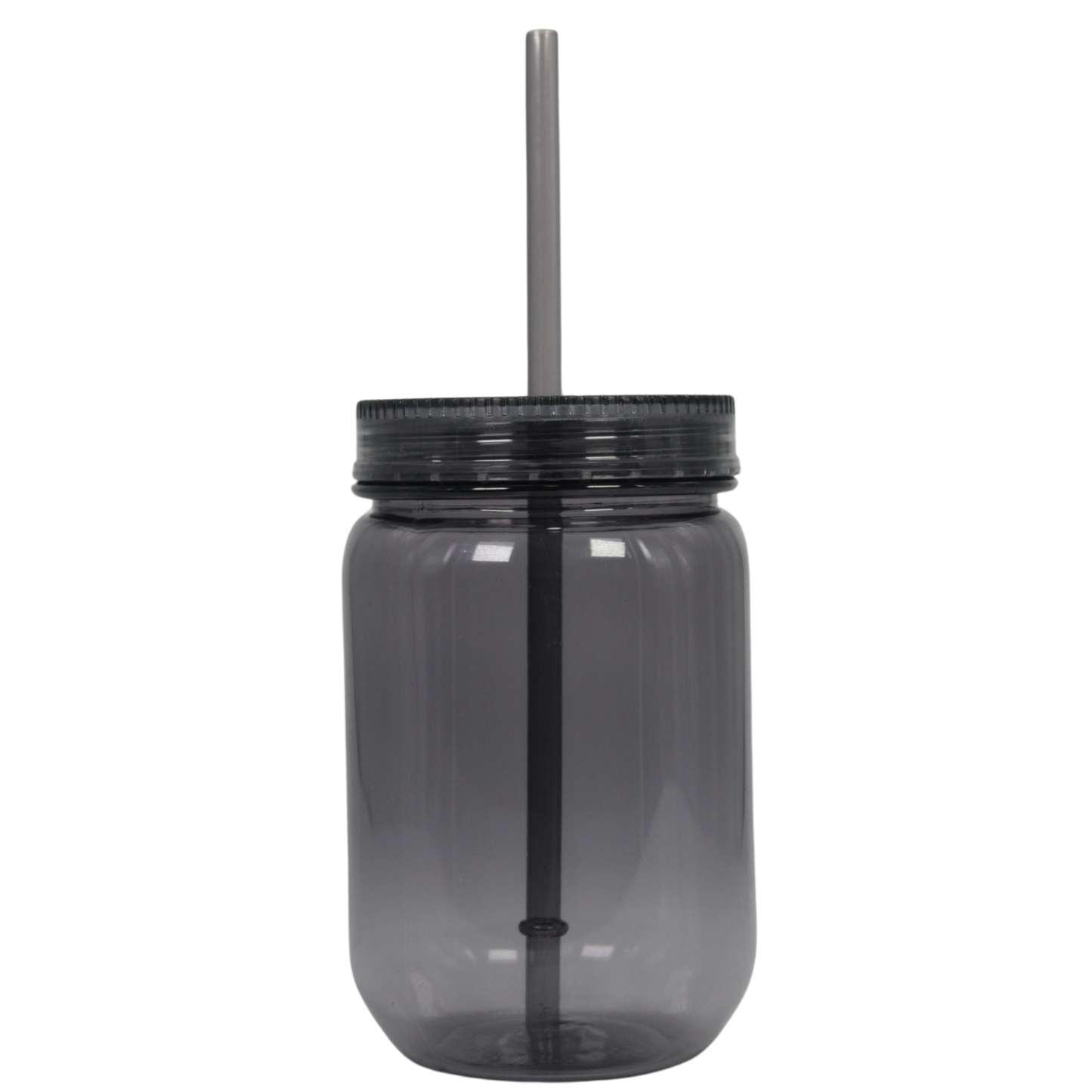 Translucent black 20oz acrylic Mason jar with screw-on lid and matching straw.