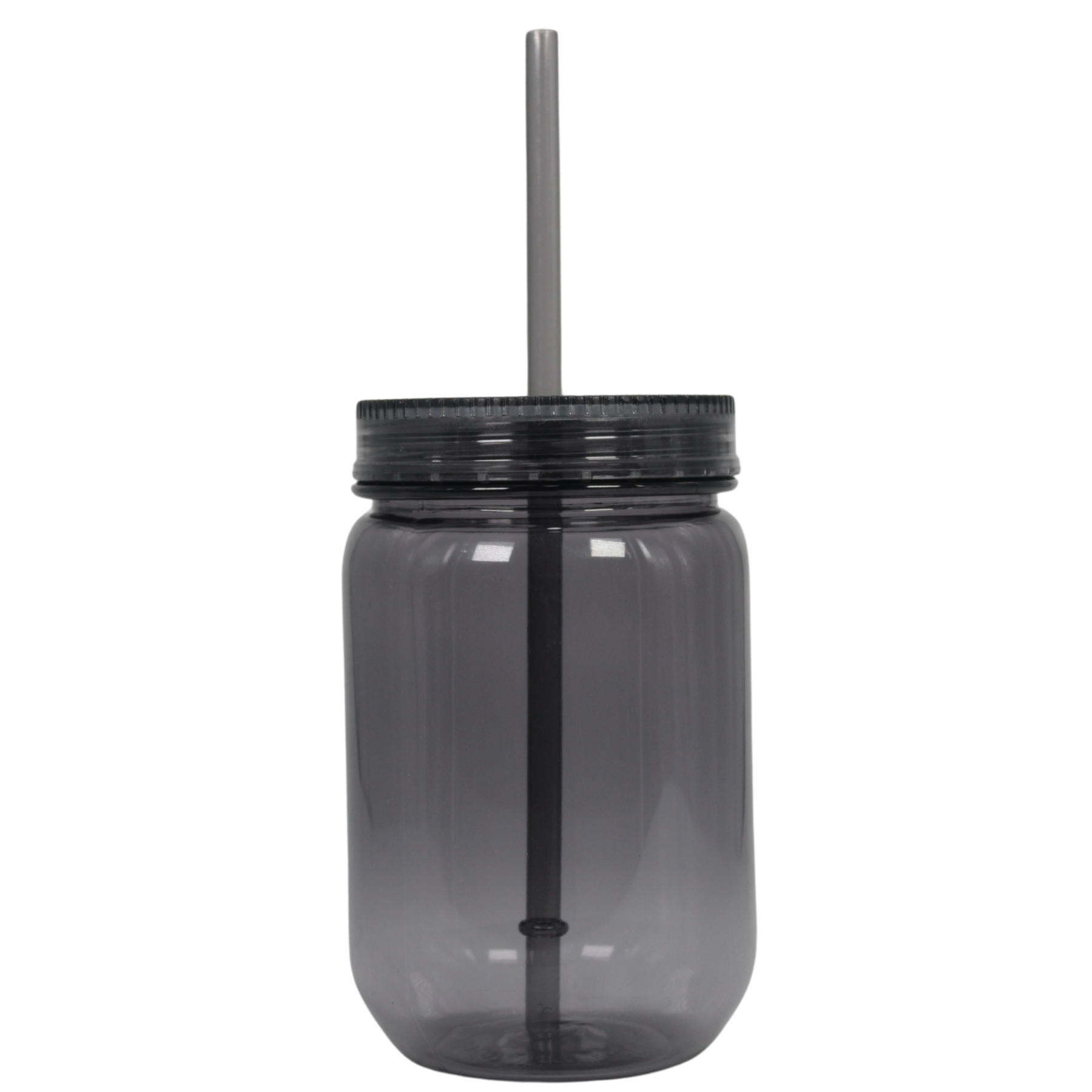 Translucent black 20oz acrylic Mason jar with screw-on lid and matching straw.