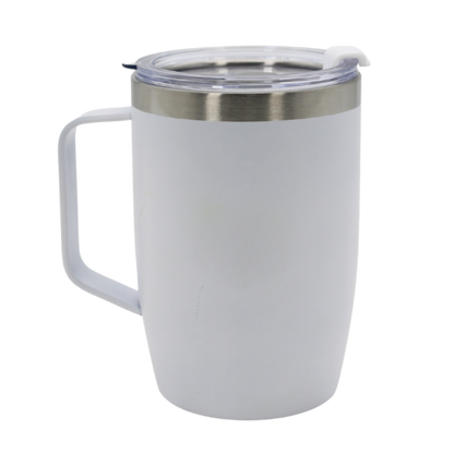 White stainless steel thermal mug with handle and transparent lid.