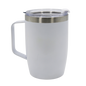 White stainless steel thermal mug with handle and transparent lid.