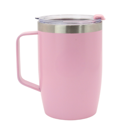 Pink stainless steel thermal mug with handle and clear lid, sleek modern design.
