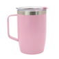 Pink stainless steel thermal mug with handle and clear lid, sleek modern design.