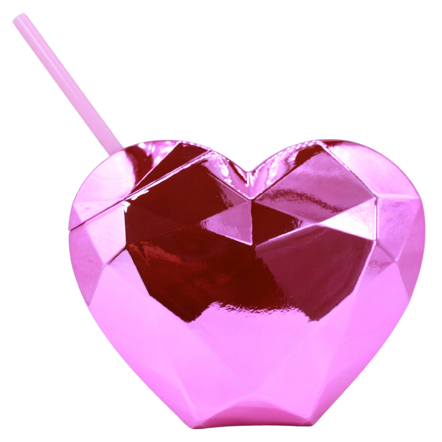 Metallic pink heart-shaped 20oz tumbler with matching pink lid and straw.