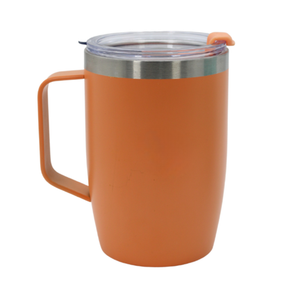 Orange stainless steel thermal mug with handle and clear plastic lid, matte finish.