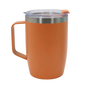 Orange stainless steel thermal mug with handle and clear plastic lid, matte finish.