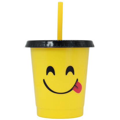Yellow 16oz plastic cup with black lid, yellow straw, and smiling emoji face with tongue out.