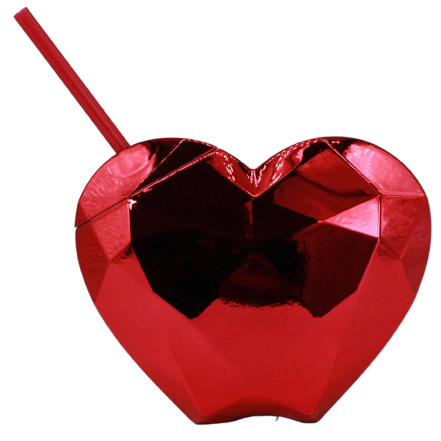 Shiny red metallic heart-shaped tumbler with matching red straw and lid.