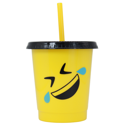Yellow 16oz plastic cup with laughing emoji, black lid, and yellow straw.
