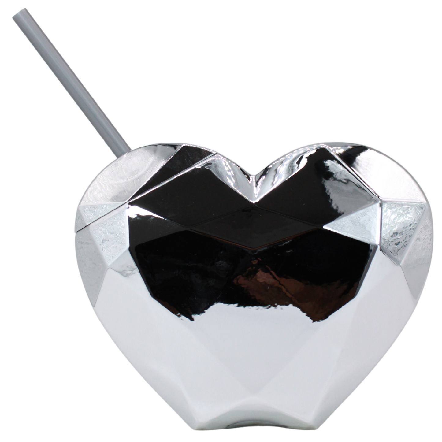 Silver metallic heart-shaped tumbler with matching lid and straw, faceted design.