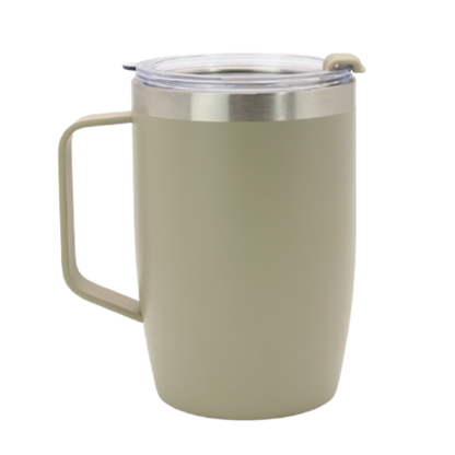Olive green stainless steel thermal mug with handle and clear plastic lid.