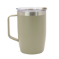 Olive green stainless steel thermal mug with handle and clear plastic lid.