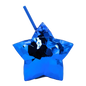 Metallic blue star-shaped cup with matching blue straw, 18oz capacity.