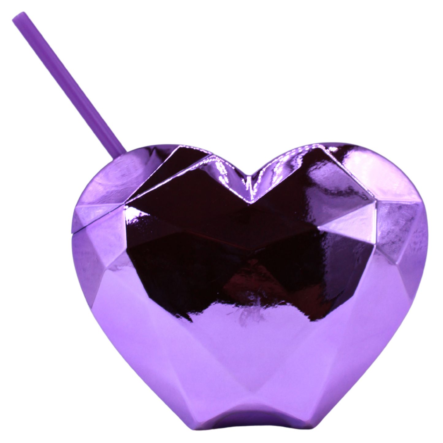 Purple metallic heart-shaped 20oz tumbler with faceted design, matching straw, and lid.