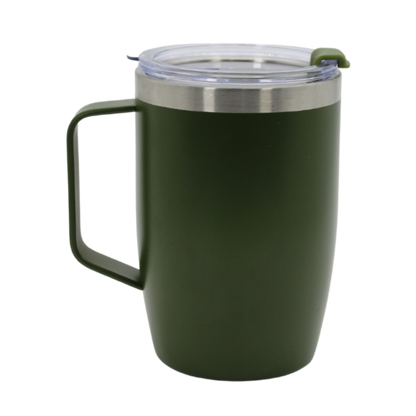 Dark green stainless steel thermal mug with handle and clear lid.