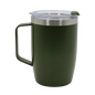 Dark green stainless steel thermal mug with handle and clear lid.