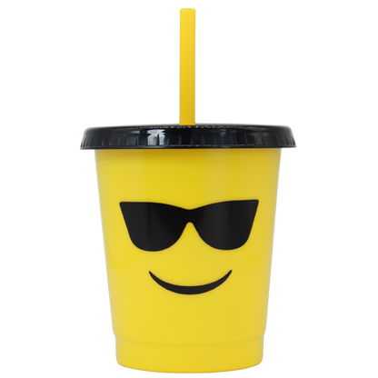 Yellow 16oz cup with black lid, yellow straw, and smiling face with sunglasses emoji design.