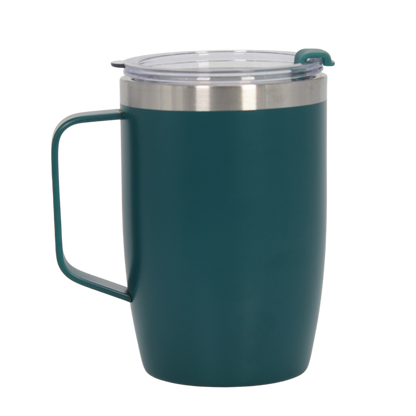 Dark teal stainless steel thermal mug with handle and clear spill-resistant lid.