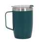 Dark teal stainless steel thermal mug with handle and clear spill-resistant lid.